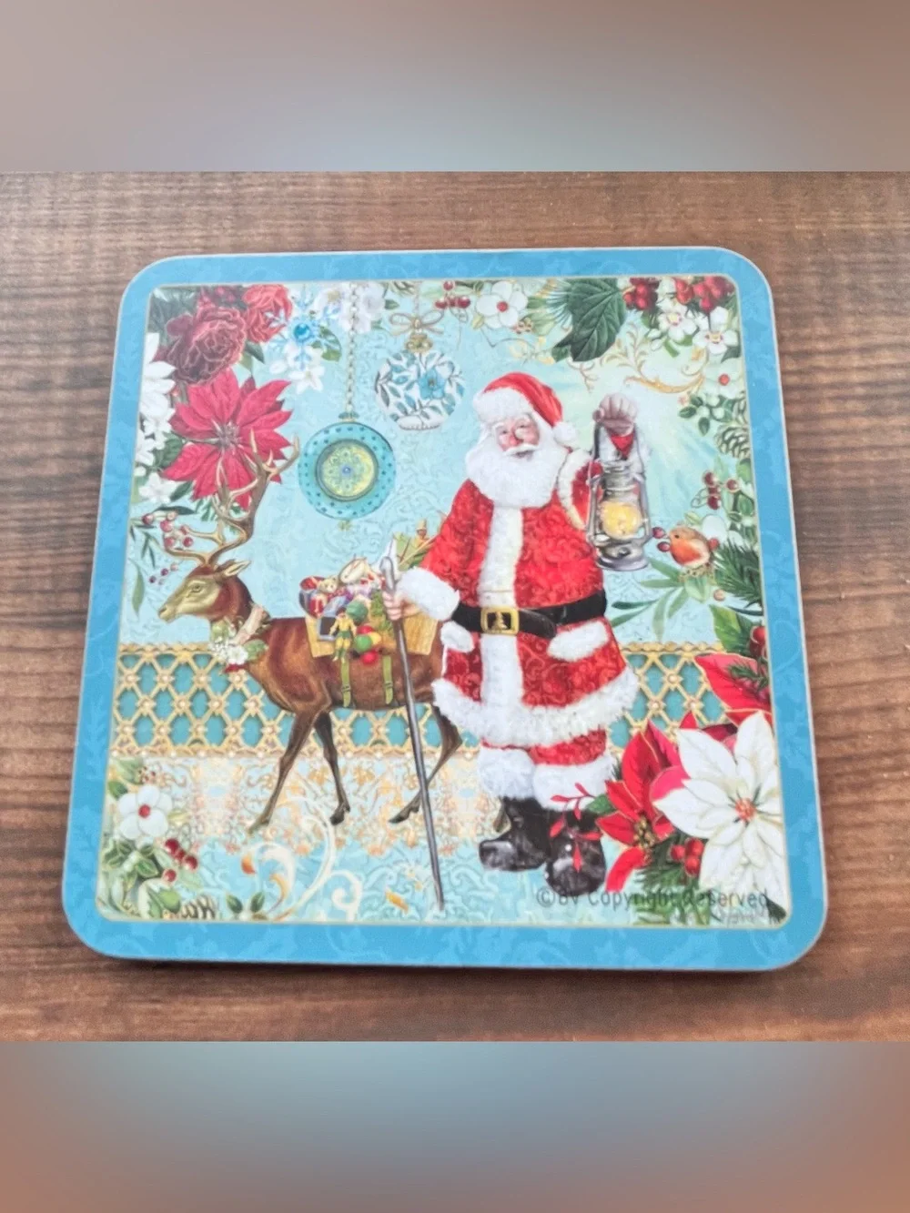 Vintage Style Santa Mug, Spoon & Coaster Set - Red, White, Turquoise
